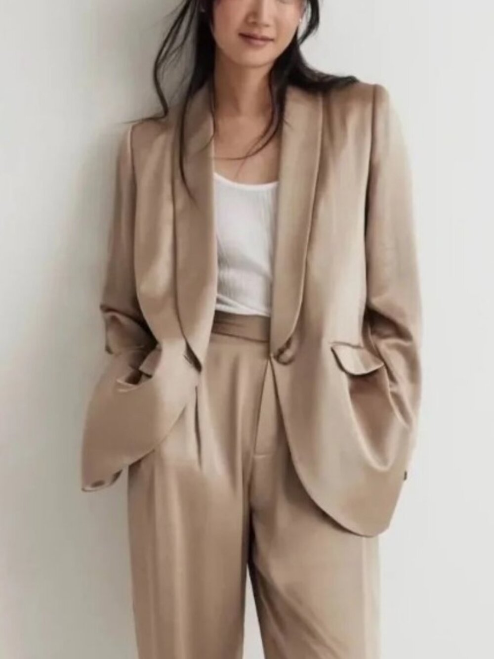 Madewell Satin Oversized Blazer Matchstick Beige Relaxed Fit Jacket 4